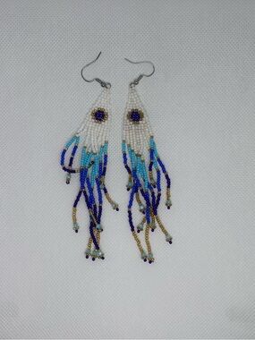 Hand Crafted White, Blue and Gold Beaded Fringe Earrings